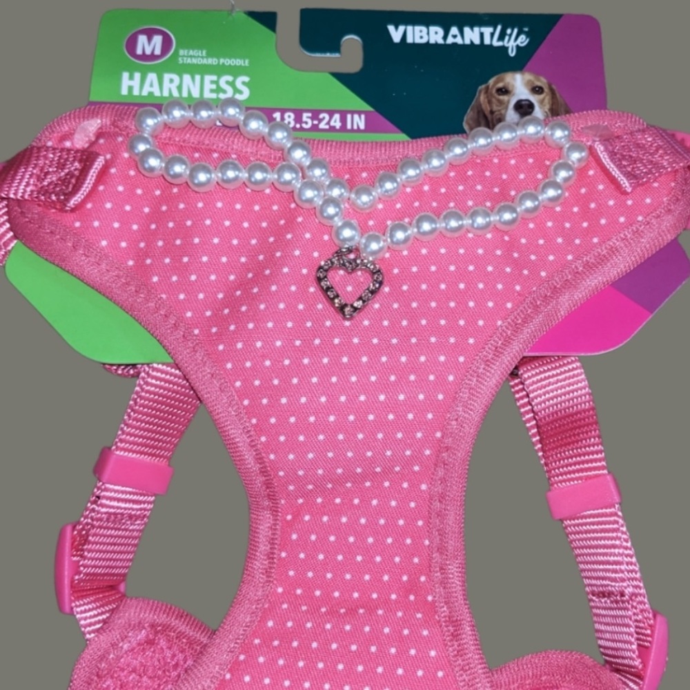 NWT Vibrant Life Harness Pink Polka Dot with pearls and a heart Size Medium